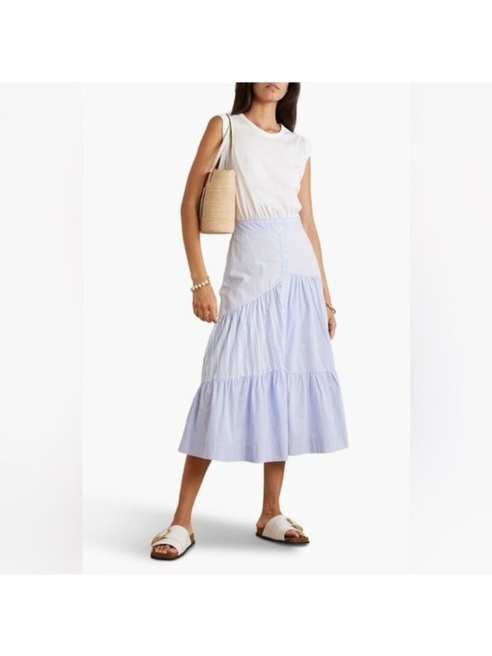 Veronica Beard Tilney Striped Jersey Paneled Cotton Poplin Midi Dress Large NWT